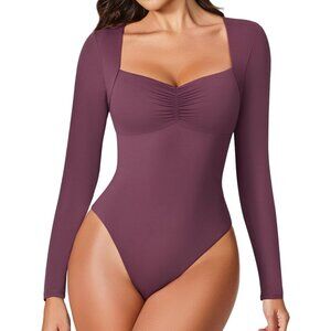 Women's Sexy Sweetheart Neckline Dark Purple Bodysuit Long Sleeve Double Tops